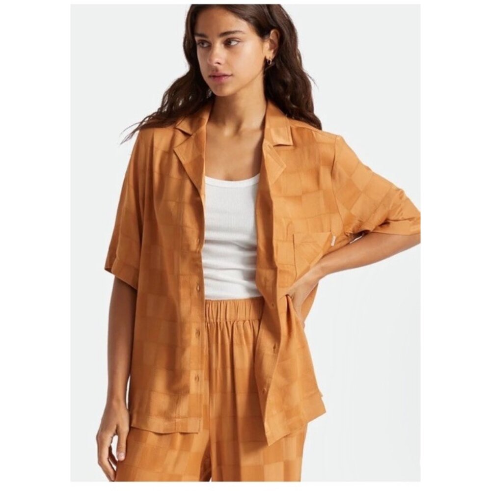 Brixton Jackpot Satin Shine Boyfriend Camp Button Up Short Sleeve Shirt Jackpot